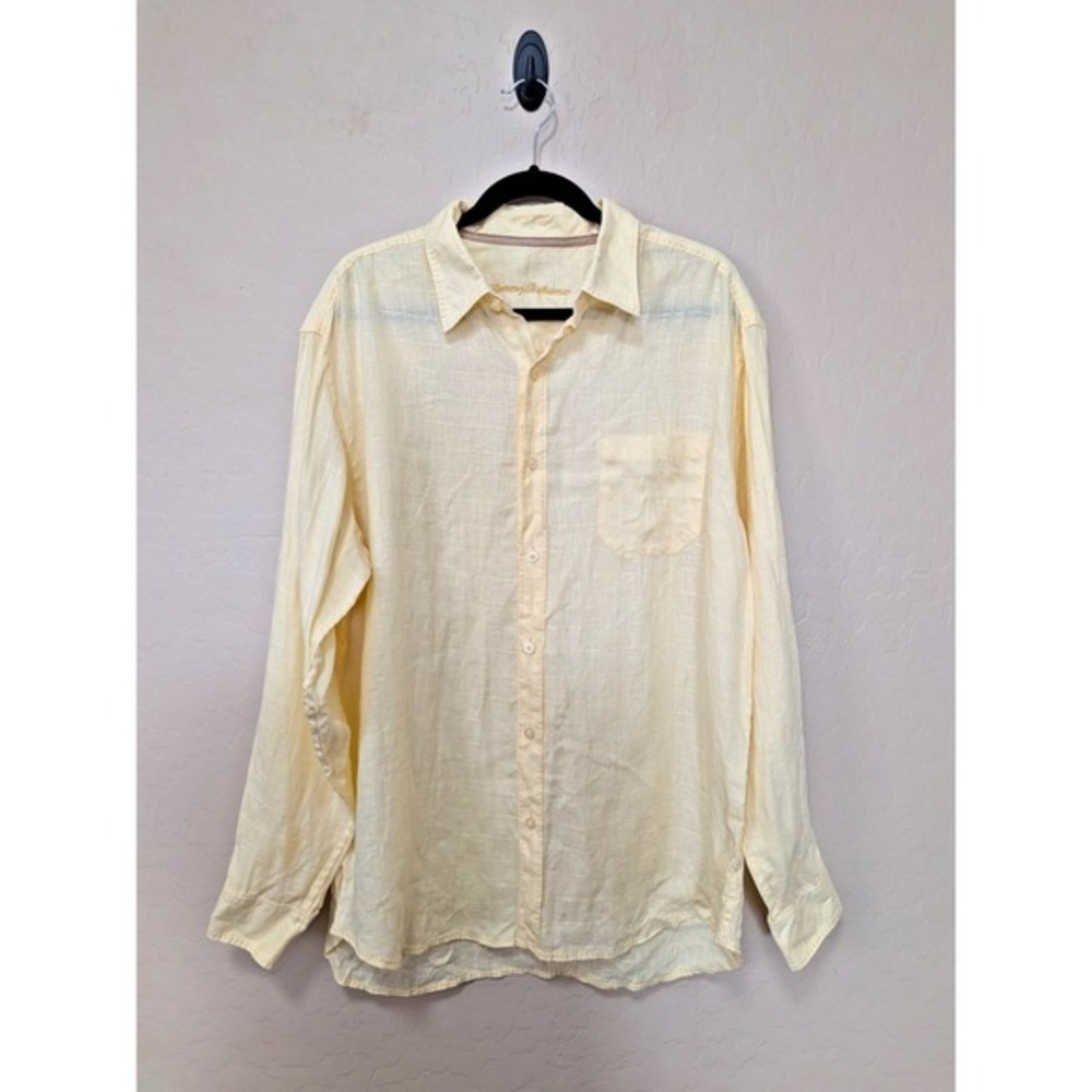 Tommy Bahama Mens XL Yellow 100%‎ Linen Long Sleeve Button Down Shirt Textured
